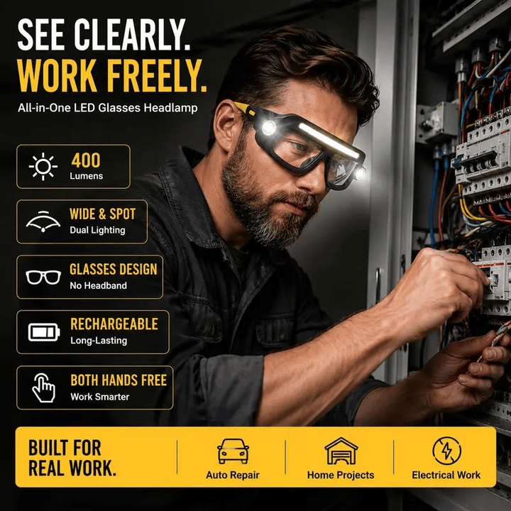 ⚡ Hands-Free LED Headlamp Glasses — 5 Lighting Modes for Work, Repairs & Outdoor Use
