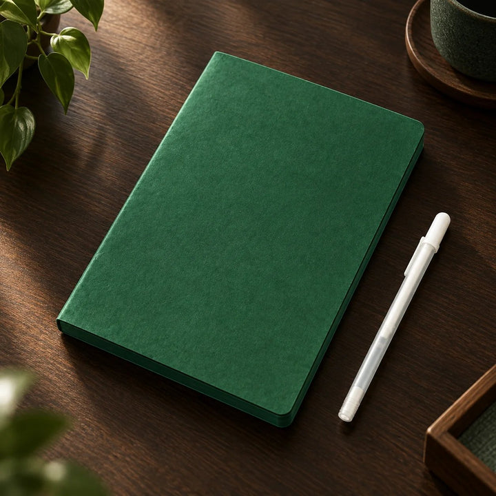 Deep Green Blank Notebook with White Gel Pen | Aesthetic Writing & Sketch Journal