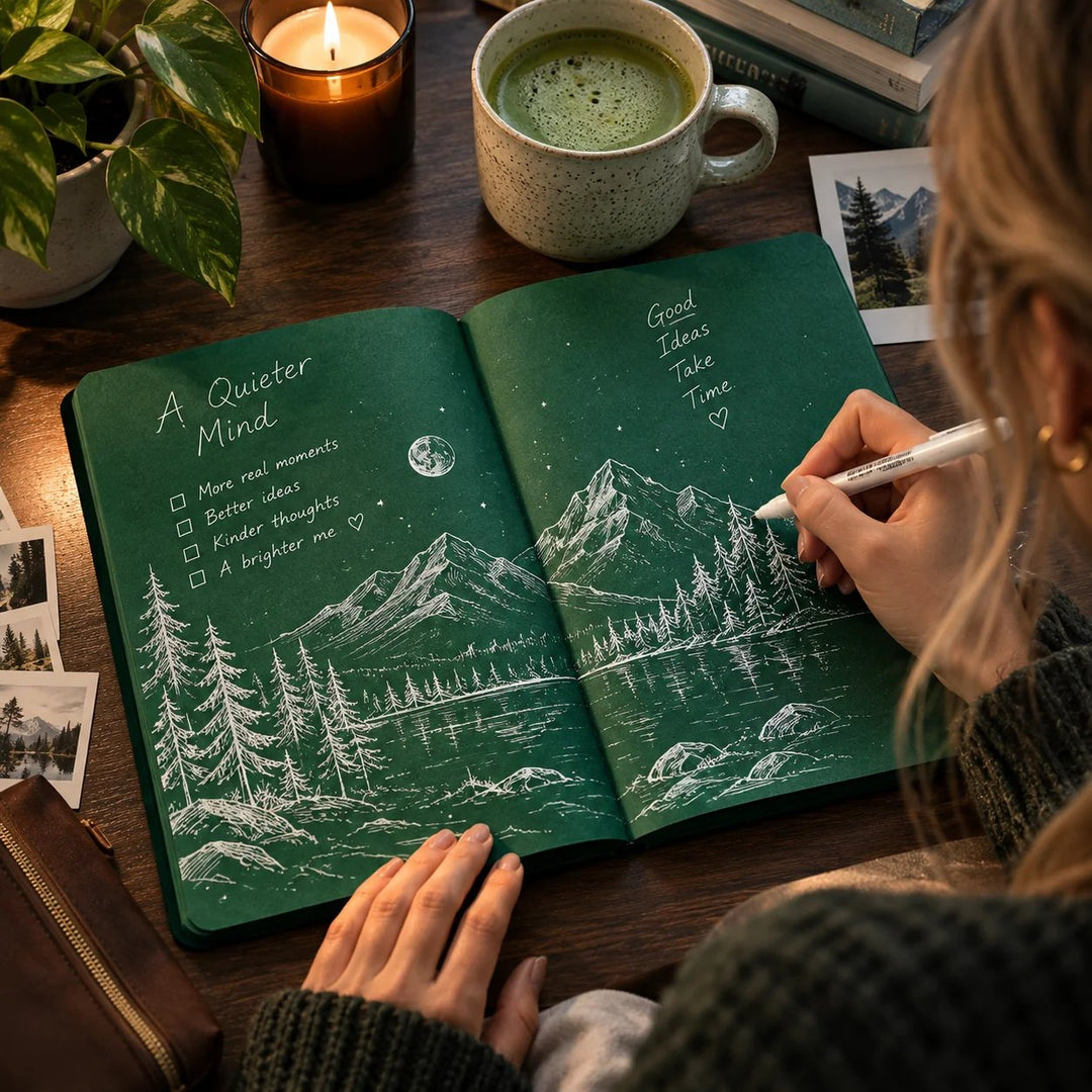 Deep Green Blank Notebook with White Gel Pen | Aesthetic Writing & Sketch Journal