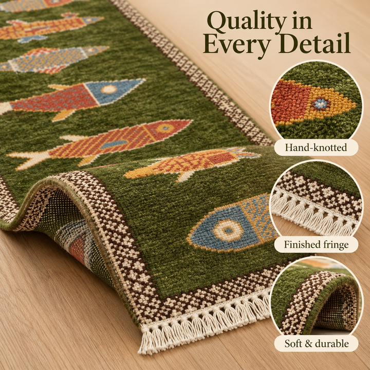 Green Fish Runner Rug Handmade