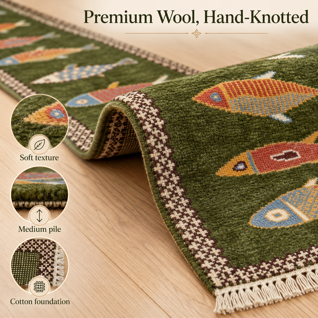Green Fish Runner Rug Handmade
