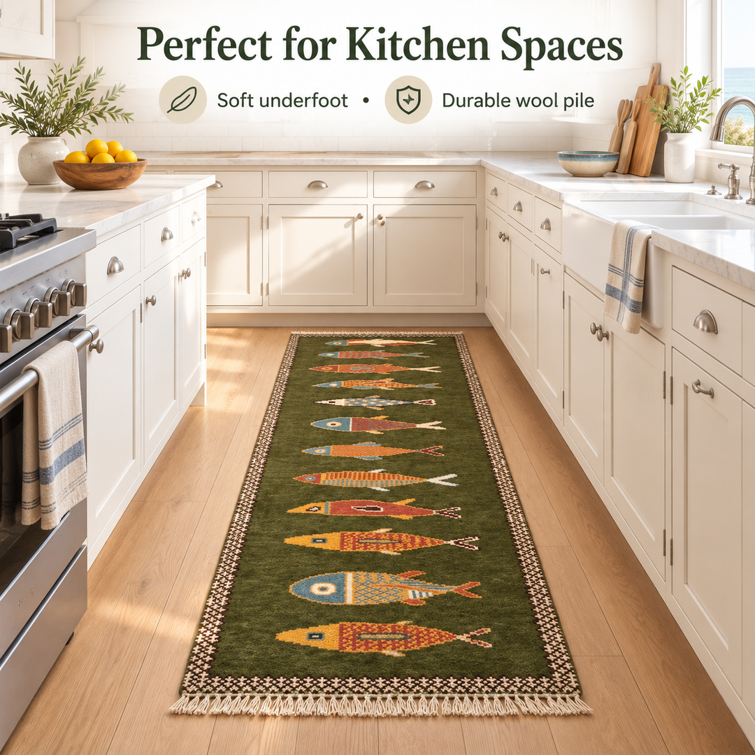 Green Fish Runner Rug Handmade