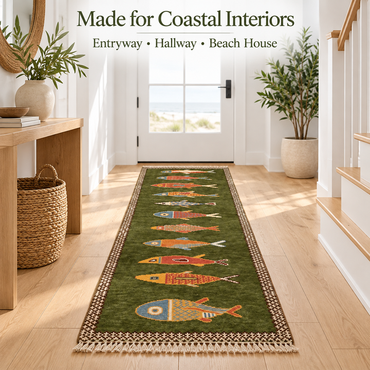 Green Fish Runner Rug Handmade