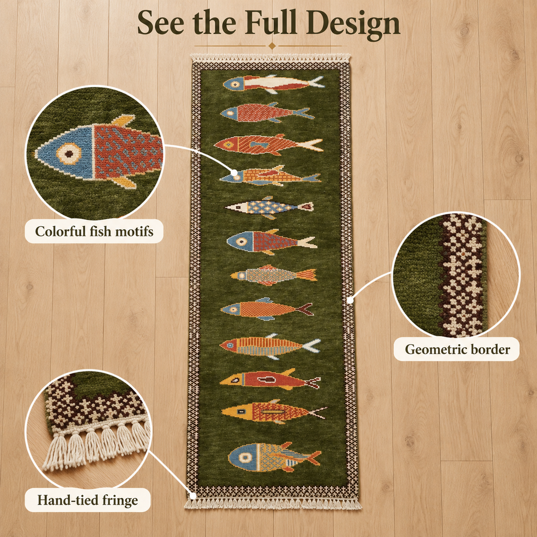 Green Fish Runner Rug Handmade