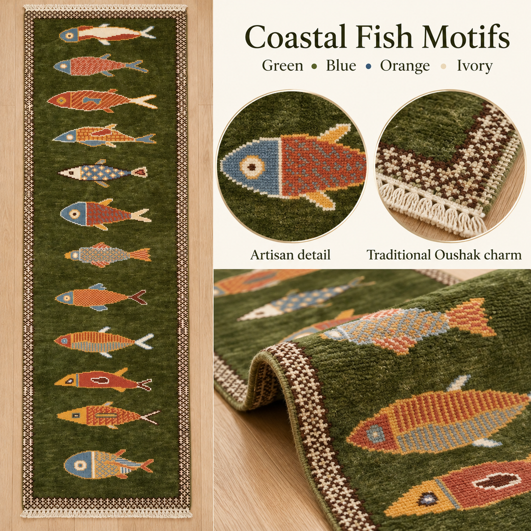 Green Fish Runner Rug Handmade