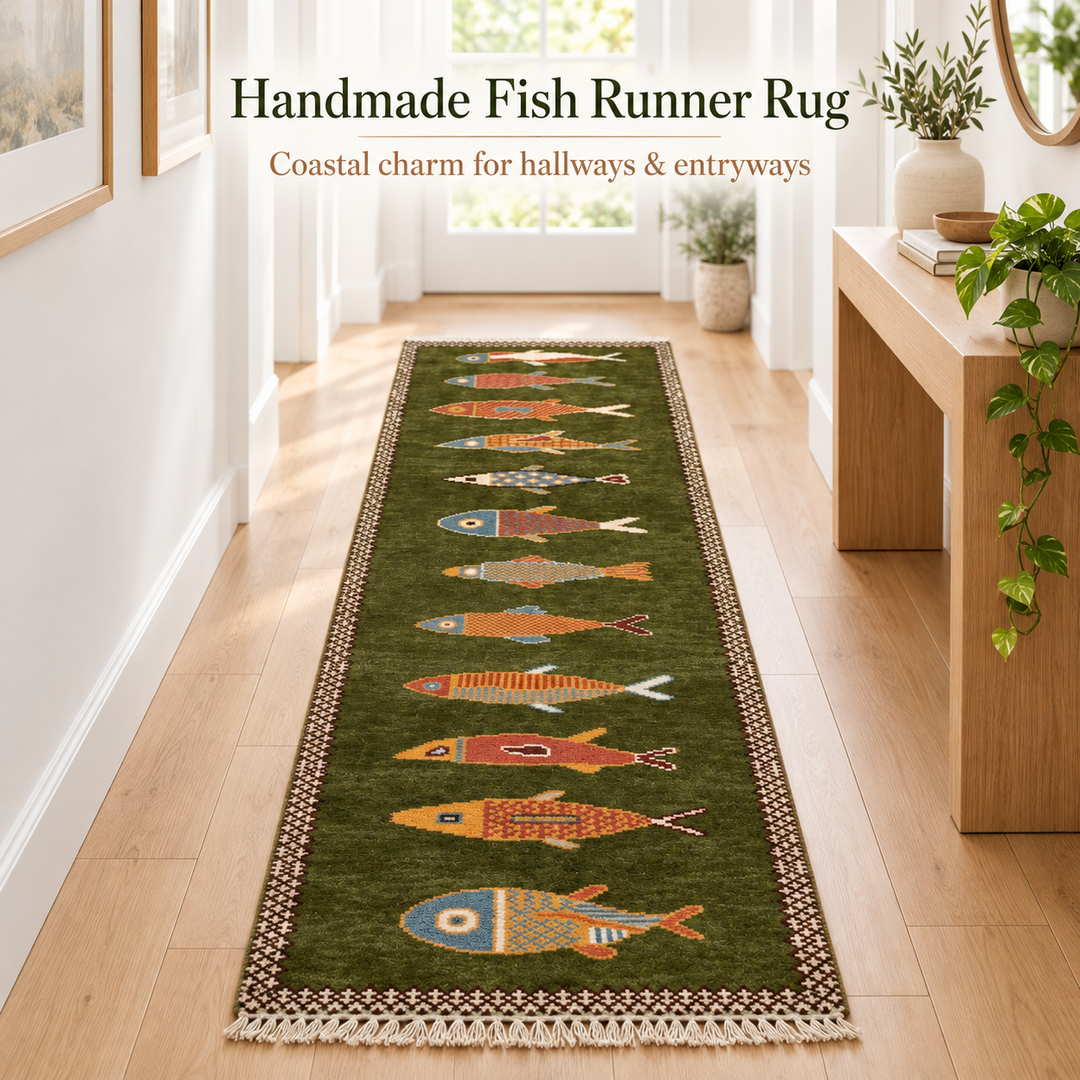 Green Fish Runner Rug Handmade